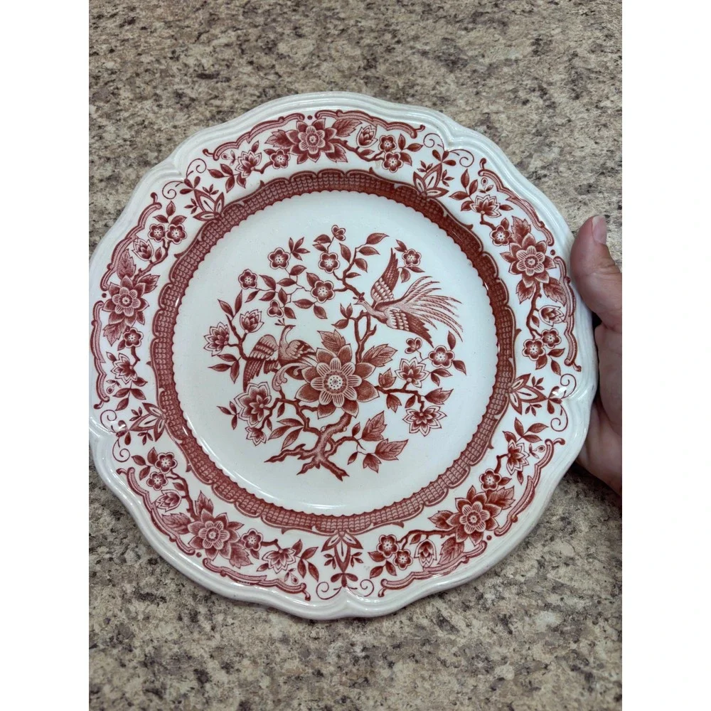 Oriental Bower Ironstone Red Transferware Bird Floral Dinner Plate Japan 4120